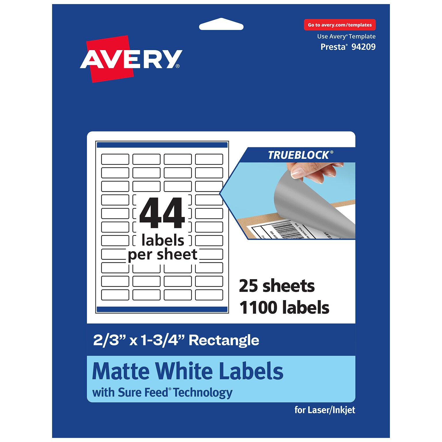 Avery TrueBlock Laser/Inkjet Rectangle Multipurpose Labels, 2/3 x 1-3/4, White, 1100/Pack (94209)