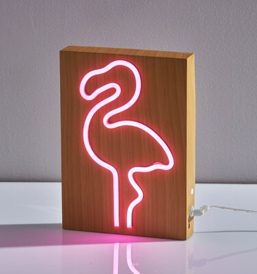 Simplee Adesso LED Wood Framed Neon Flamingo Table/Wall Lamp, 9"H, Brown/Multi-Color (SL3722-12)