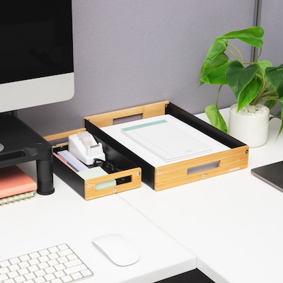 Mind Reader 2-Compartment Metal/Wood Tiered Desktop Organizer Trays, Black (2TRAY-BLK)