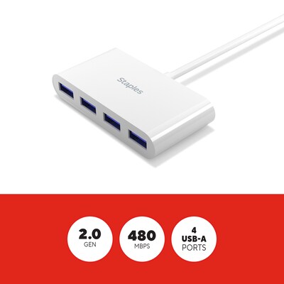 Staples TECH 4-Port USB 2.0 Hub, White (ST62376)