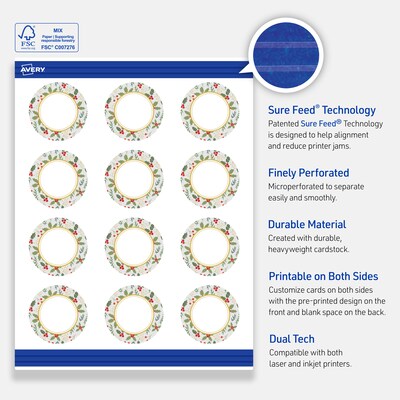 Avery Gold-Blue Border Berries Matte Blank Card, White, 120/Pack (S00-FEF)