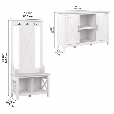 Bush Furniture Key West 66" Entryway Storage Set with Hall Tree, Shoe Bench, and 2-Door Cabinet, Pure White Oak (KWS054WT)