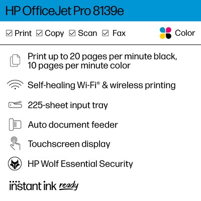 HP OfficeJet Pro 8139e Wireless Color Inkjet Printer, All-In-One, Print, Scan, Copy, Fax (40Q51A#B1H)