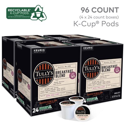 Tullys Breakfast Blend Extra Bold Coffee, Keurig K-Cup Pod, Light Roast, 96/Carton (192719CT)