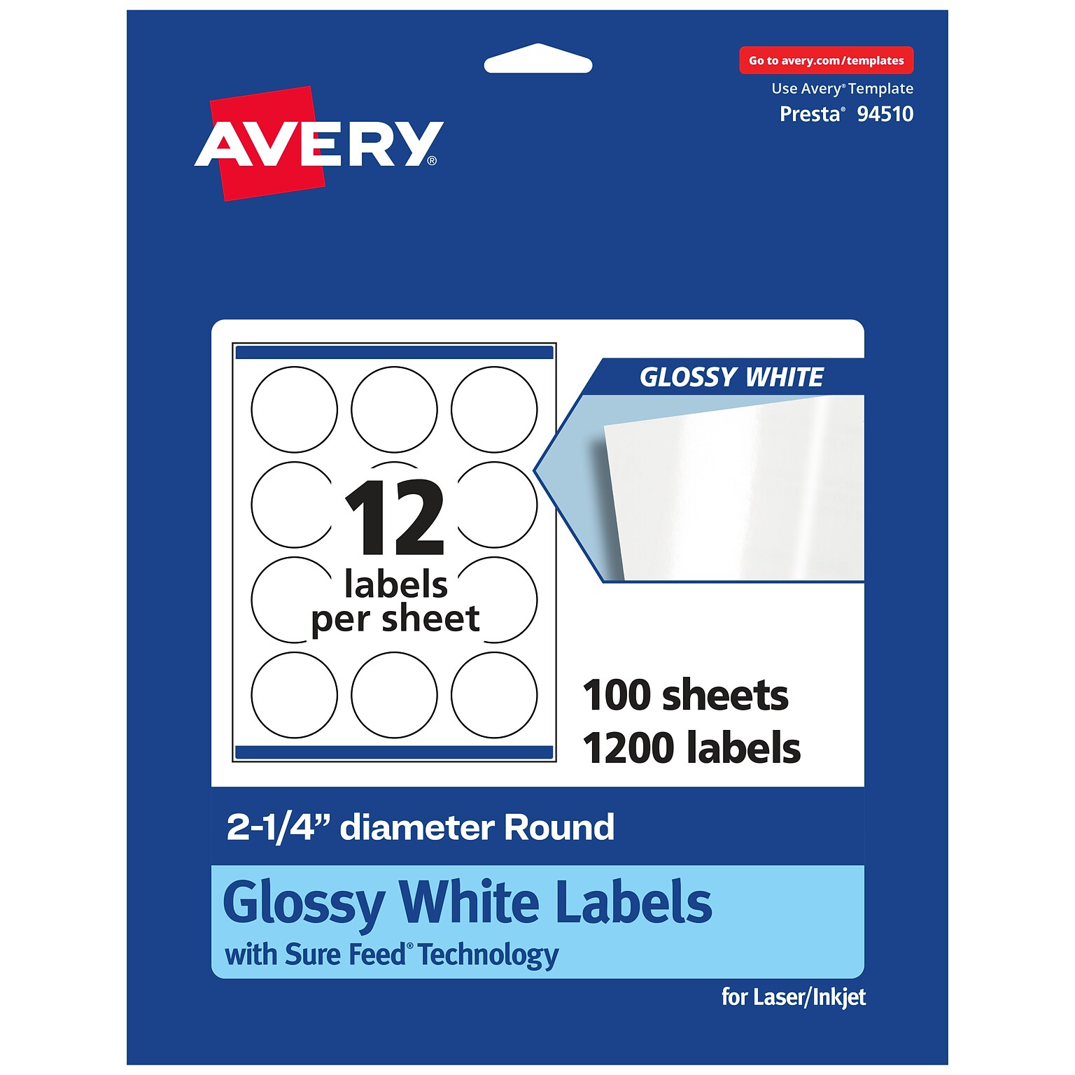 Avery Laser/Inkjet Round Multipurpose Labels, White, 12 Labels/Sheet, 100 Sheets/Pack (94510-WGP100)