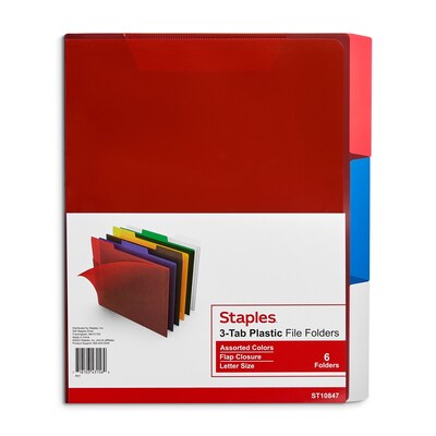 Staples File Folders, 1/3-Cut Tab, Letter Size, Assorted Colors, 6/Pack (TR10847/10847)