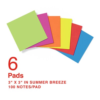 Staples Sticky Notes, 3 x 3, Summer Breeze Collection, 100 Sheets/Pad, 6 Pads/Pack (ST62867)