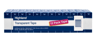 Highland Transparent Clear Tape, 0.75 x 27.77 yds., 1 Core, Transparent, 12 Rolls/Pack (5910K12)