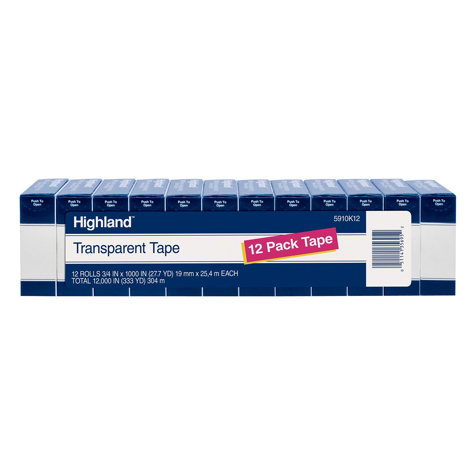 Highland Transparent Clear Tape, 0.75 x 27.77 yds., 1 Core, Transparent, 12 Rolls/Pack (5910K12)