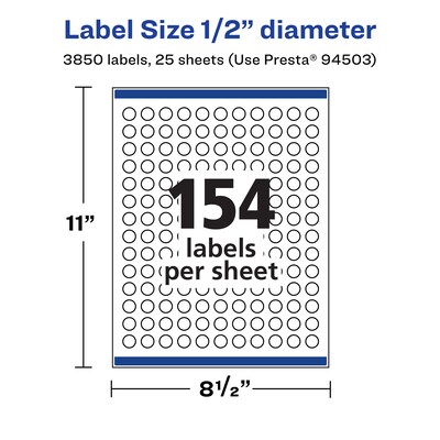 Avery Laser/Inkjet Round Multipurpose Labels, 0.5" Dia., White, 3,850 Labels/Pack (94503)