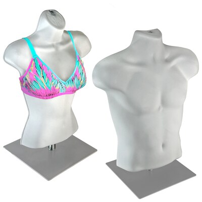 Azar Male & Female White Plastic Bust, Torso Mannequin, 12 Square Metal Base, 2/Pack (900927-WHT)