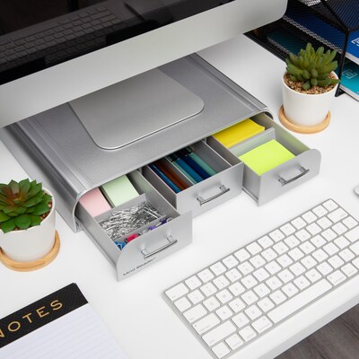 Mind Reader Anchor Collection Monitor Stand and Desk Organizer with 3 Storage Drawers, Silver (MONSTA3D-SIL)