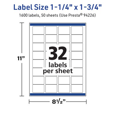 Avery TrueBlock Laser/Inkjet Rectangle Multipurpose Labels, 1.25" x 1.75", White, 1600/Box (94226)