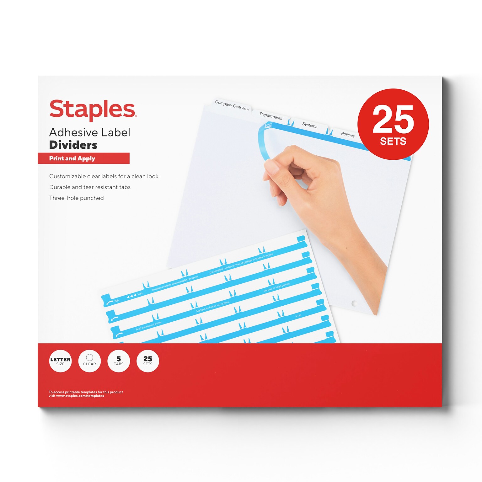 Staples Print & Apply Label Dividers, White, 5-Tabs, 25 Sets (ST63052)