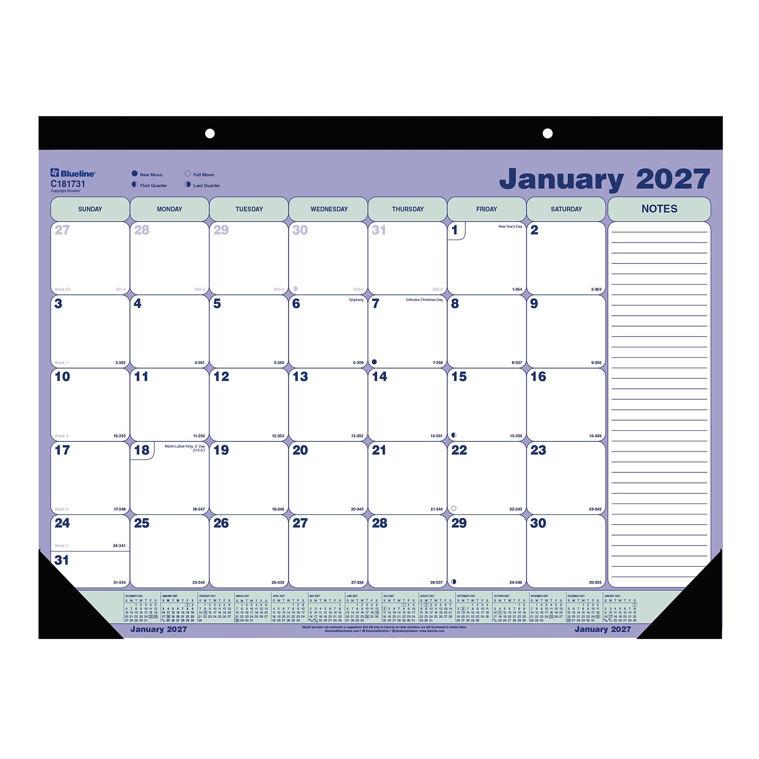 2027 Blueline Classic 21.25 x 16 Monthly Desk Pad Calendar, Blue/White (C181731-27)