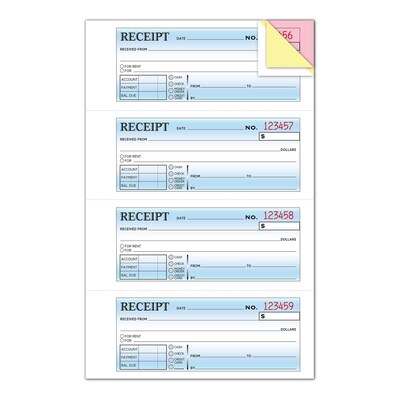 Cosco 3-Part Carbonless Receipts, 7.625 x 10.875, 100 Sets/Book (074053)