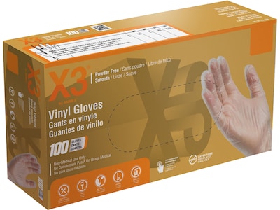 Ammex Professional X3 Powder Free Vinyl Gloves, Latex Free, Clear, Large, 100/Box (GPX346100)