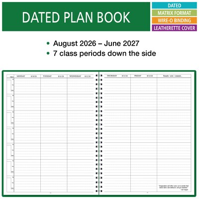2026-2027 ELAN 8.5 x 11 Academic Weekly & Monthly Teacher Planner, Paperboard Cover, Green (D101-AY26)