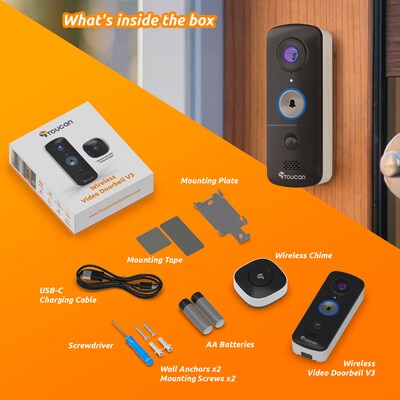 Toucan V3 Wireless Battery Operated Video Doorbell, Chime,  Night Vision, Wi-Fi, IP56 Weather Resistant, Black