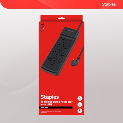 Staples TECH 12-Outlet 2-USB Port Surge Protector, 8', 3900 Joules, Black (ST62774)