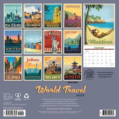 2027 Willow Creek World Travel 12 x 12 Monthly Wall Calendar, Assorted Colors (63064)