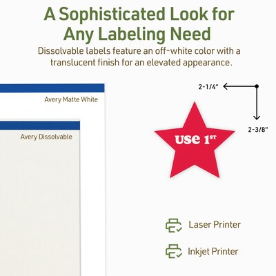 Avery Dissolvable Burst Multipurpose Labels, 2-1/4" x 2-3/8", Off-white, 300/Pack (94611)
