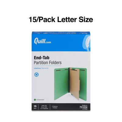 Quill Brand® End-Tab Partition Folders, 1 Partition, 4 Fasteners, Emerald Green, Letter, 15/Box (751034)