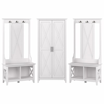 Bush Furniture Key West 66 Entryway Storage Set with Hall Tree, Shoe Bench and Tall Cabinet, Pure W