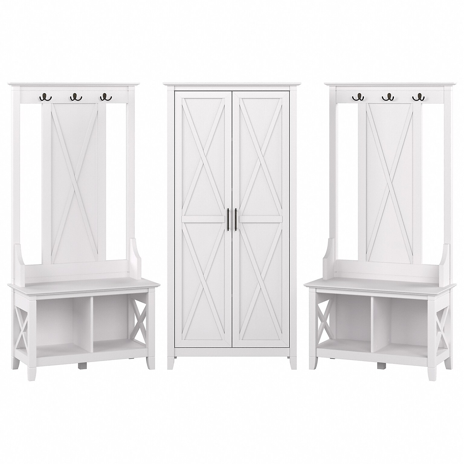 Bush Furniture Key West 66 Entryway Storage Set with Hall Tree, Shoe Bench and Tall Cabinet, Pure White Oak (KWS057WT)