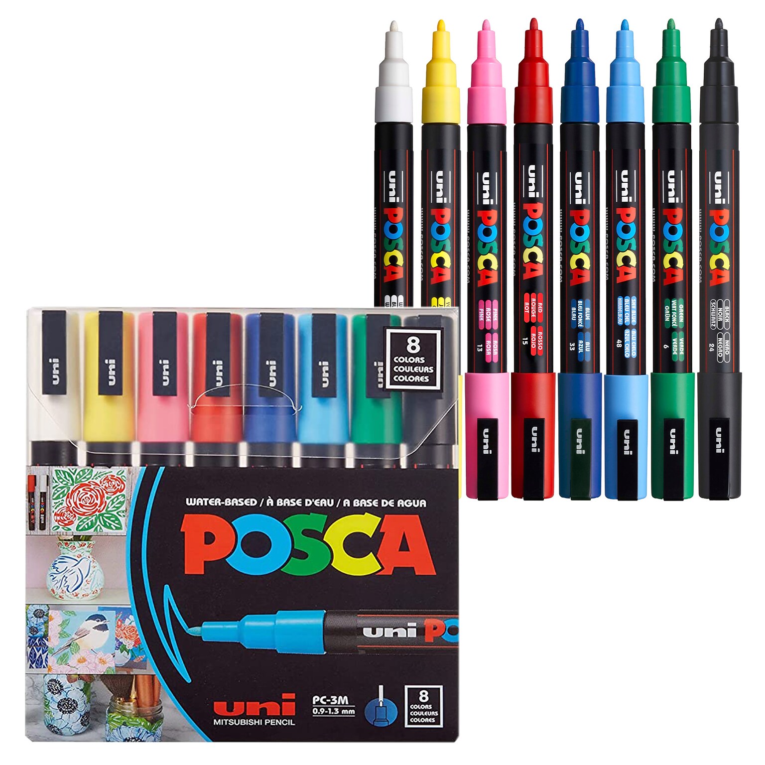 uni POSCA PC-3M Water-Based Paint Markers, Fine Tip, Assorted Inks, 8/Pack (PC3M8C)