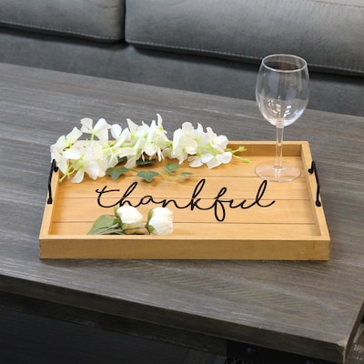Elegant Designs "Thankful" Decorative Wood Serving Tray w/ Handles, 15.50" x 12", Natural Wood (HG2000-NTF)