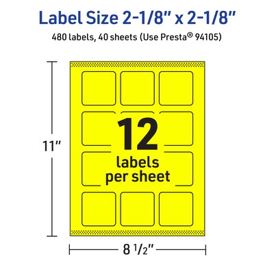 Avery Square Laser/Inkjet Multipurpose Labels, 2-1/8" x 2-1/8", Neon Yellow (480/Box)