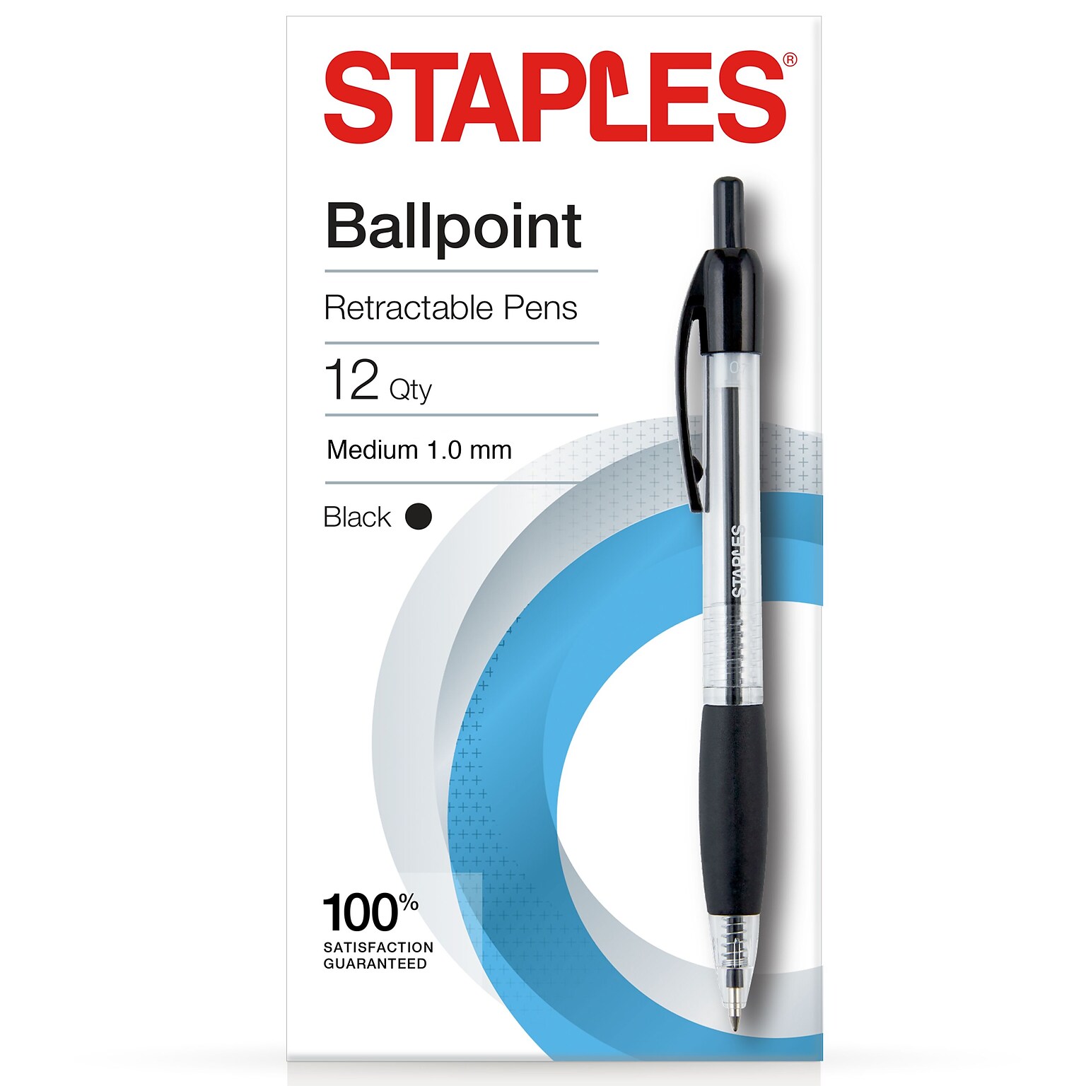 Staples Retractable Ballpoint Pens, Medium Point, 1.0mm, Black Ink, Dozen (50793-CC)