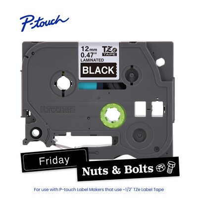 Brother P-touch Laminated Label Tape, ~1/2" x 26.2', White on Black (TZe335)