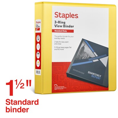 Staples® Standard 1.5" 3 Ring View Binder with D-Rings, Yellow (58652)