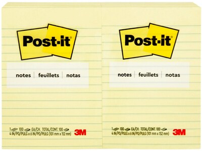 Post-it Notes, 4 x 6, Canary Collection, Lined, 100 Sheet/Pad, 12 Pads/Pack (660YW)