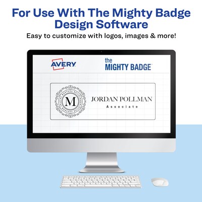 Avery The Mighty Badge Laser Reusable  Magnetic Name Badge System, 1 x 3, Silver, 80 Inserts, 10/P