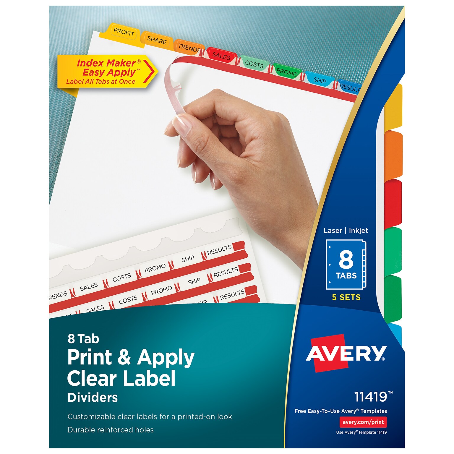 Avery Index Maker Paper Dividers with Print & Apply Label Sheets, 8 Tabs, Multicolor, 5 Sets/Pack (11419)