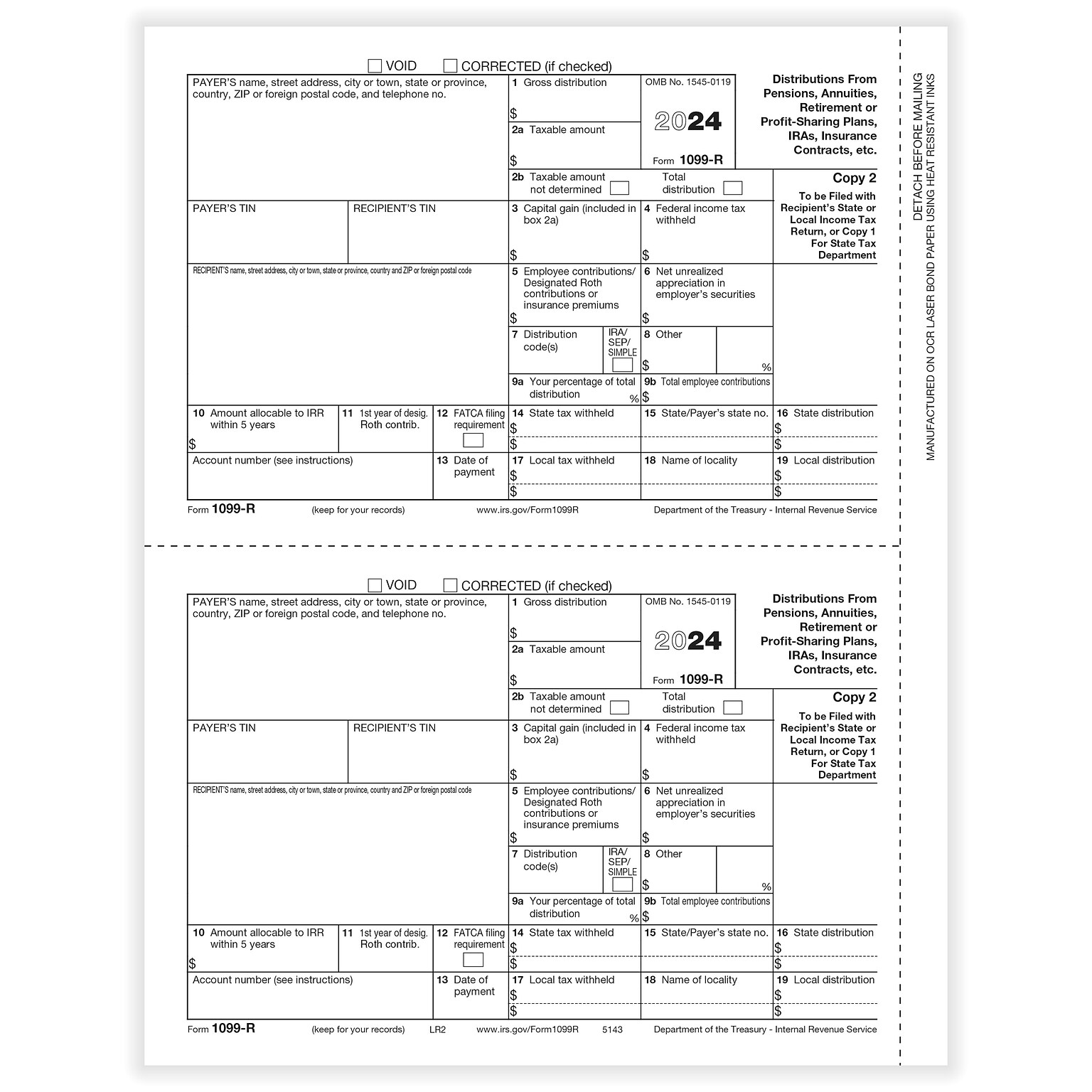ComplyRight 2024 1099-R Tax Form, 1-Part, 2-Up, Payer Copy D, 50/Pack (514350)