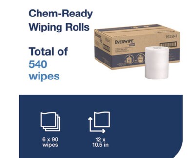 Tork Everwipe Chem-Ready Wiping Rolls, 1-Ply, 12" x 10.5", White, 90 Sheets/Roll, 6 Rolls/Carton (TRK192841)
