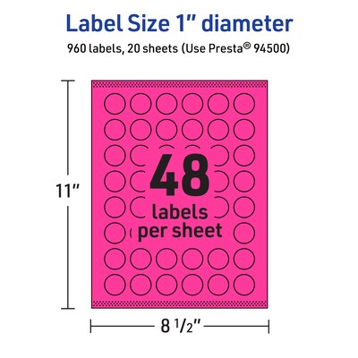 Avery Laser/Inkjet Round Multipurpose Labels, 1" Dia., Neon Magenta, 960/Pack (94500)