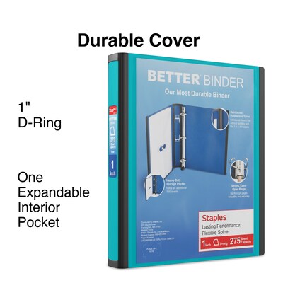 Staples® Better 1 3 Ring View Binder with D-Rings, Teal (13466-CC)