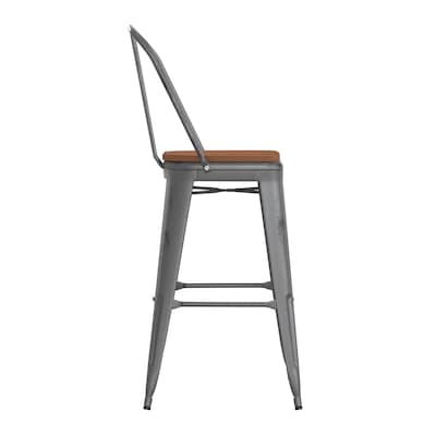 Flash Furniture Lincoln Contemporary Metal Vertical Back Indoor Barstool, Clear Coat/Teak (XUDGTP01B30PL1T)