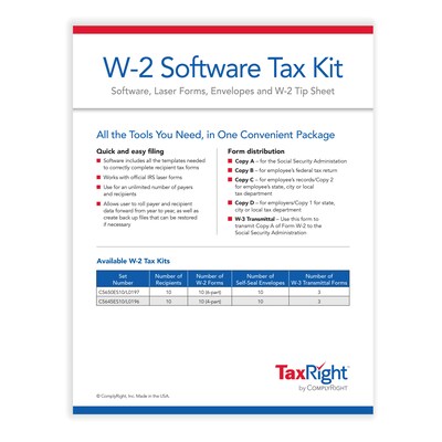 TaxRight 2023 W-2 Tax Form Kit with Software & Envelopes, 4-Part, 10/Pack (SC5645ES10)