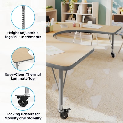 Flash Furniture Wren Horseshoe Activity Table, 66" x 60", Height Adjustable, Light Natural Top/Silver Frame (XUA6066HRSLNTPC)