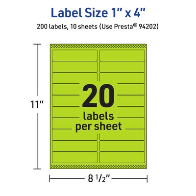 Avery Printable Rectangle Multipurpose Labels, 1" x 4", Bright Green, 200/Pack (94202)
