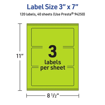 Avery Printable Rectangle Multipurpose Labels, 3" x 7", Bright Green, 120/Pack (94250)