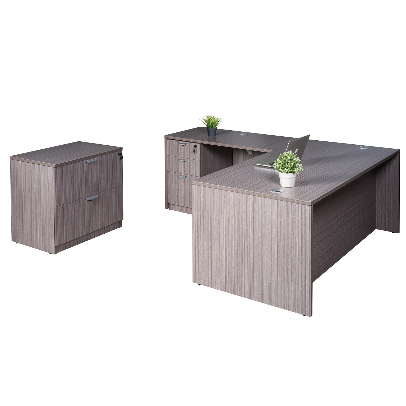 Boss Office Products 66 L-Shaped Desk with File Pedestal and Lateral File, Driftwood (GROUPA19-DW)