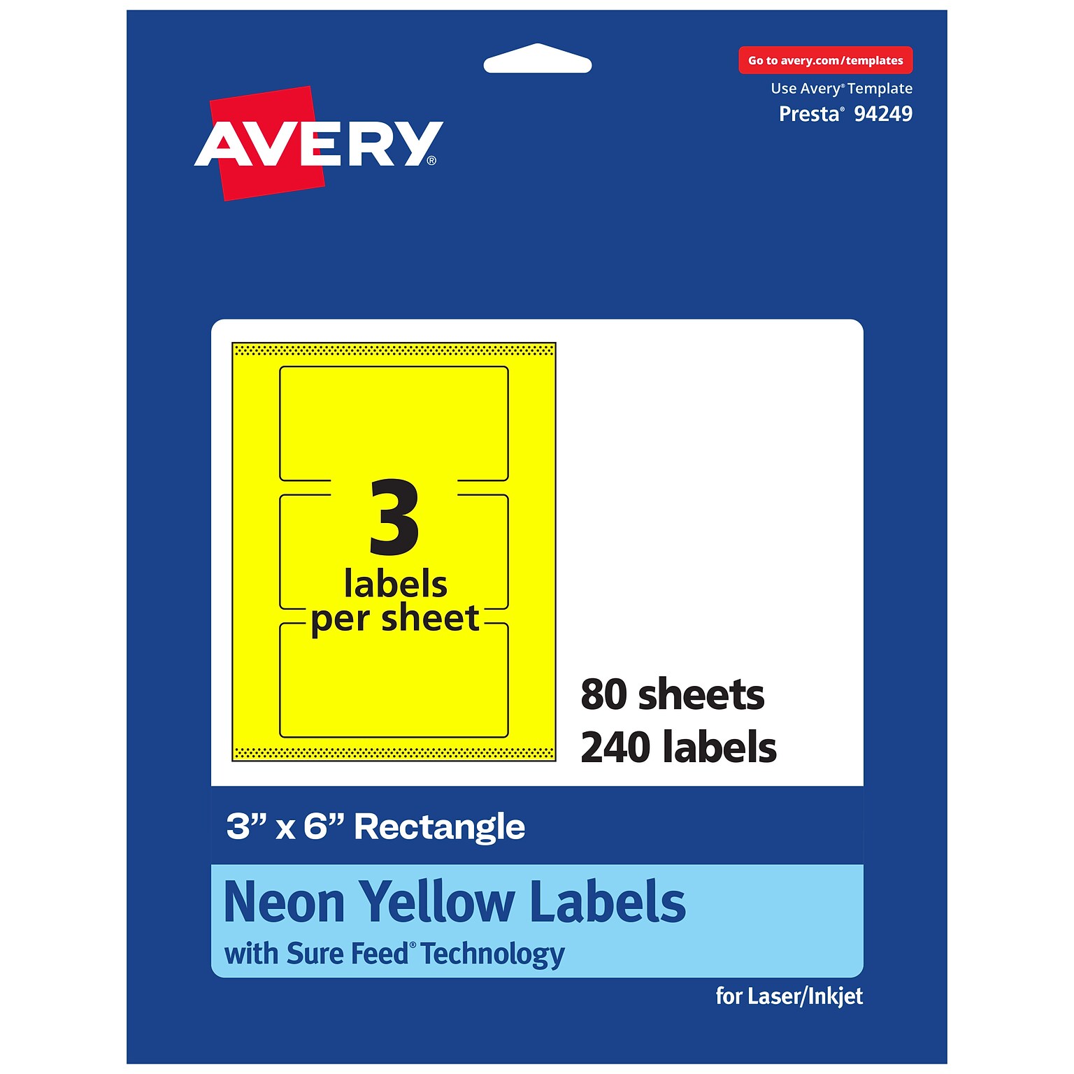 Avery Laser/Inkjet Rectangle Multipurpose Labels, 3 x 6, Neon Yellow, 240/Box (94249)