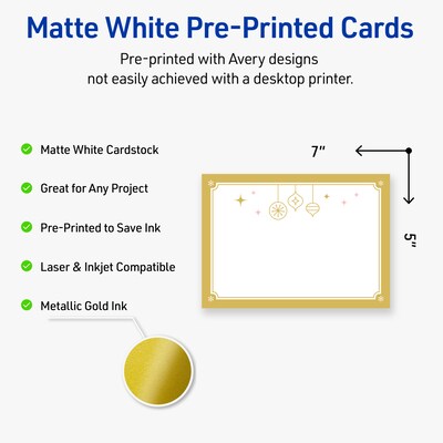 Avery Gold-Metallic Ornaments General Use Blank Cards, White, 20/Pack (S00-FH5)